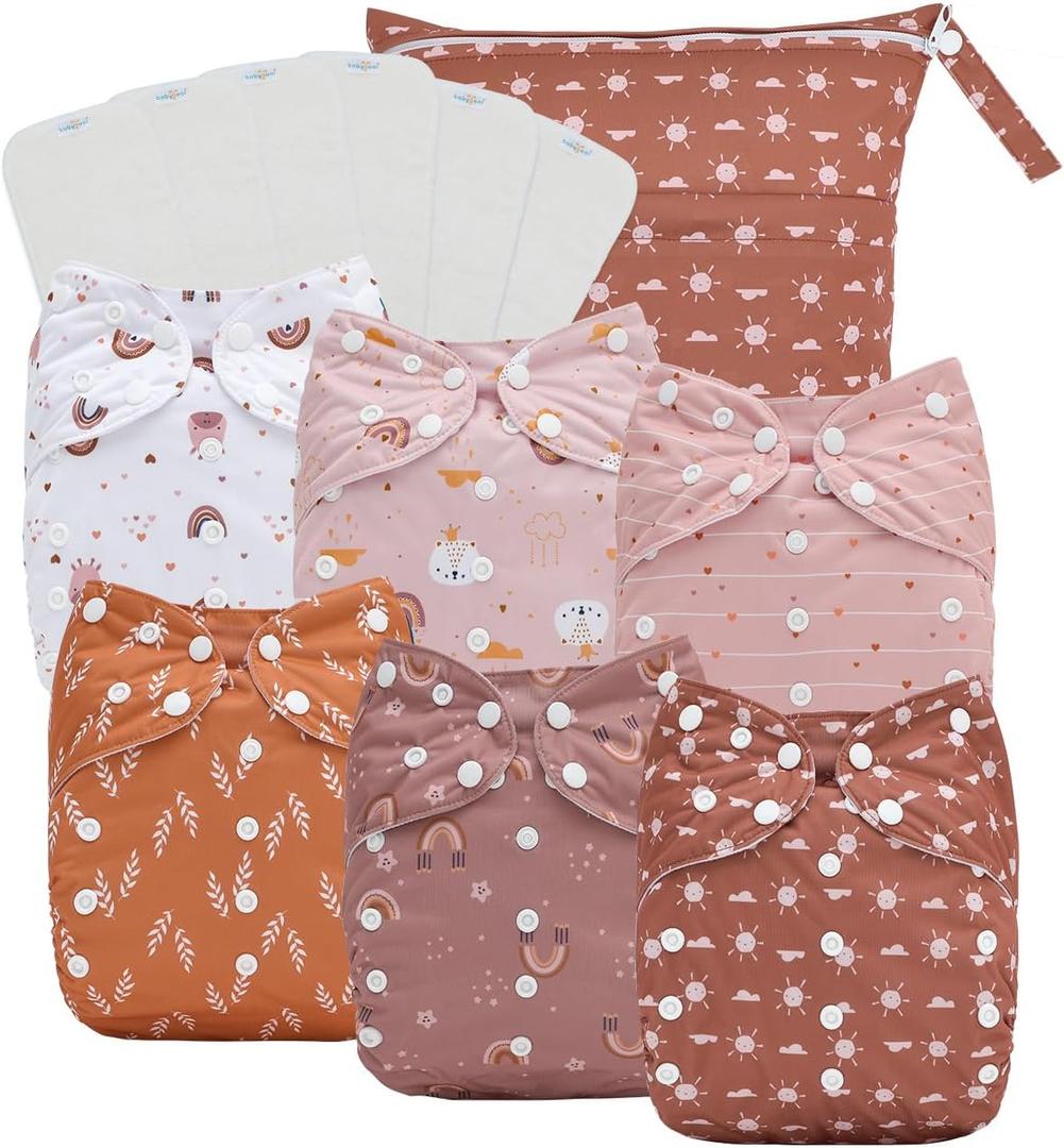 babygoal Large Cloth Diapers Pack of 13 for 3-5 Year Toddlers, Cloth Diaper Covers 6 Pack with 6pcs Inserts and Wet Bag, Reusable Washable & Waterproof (Boho-cloud,rainbow,sun) L