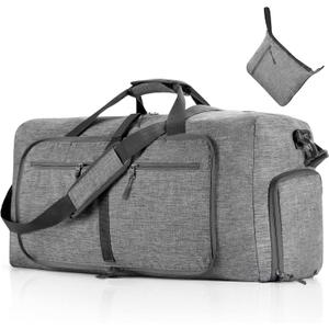 Vomgomfom 85L Foldable Travel Duffle Bag, Lightweight Checked Luggage with Shoe Compartment, Water-Resistant Weekender Overnight Bag for Men & Women, Grey