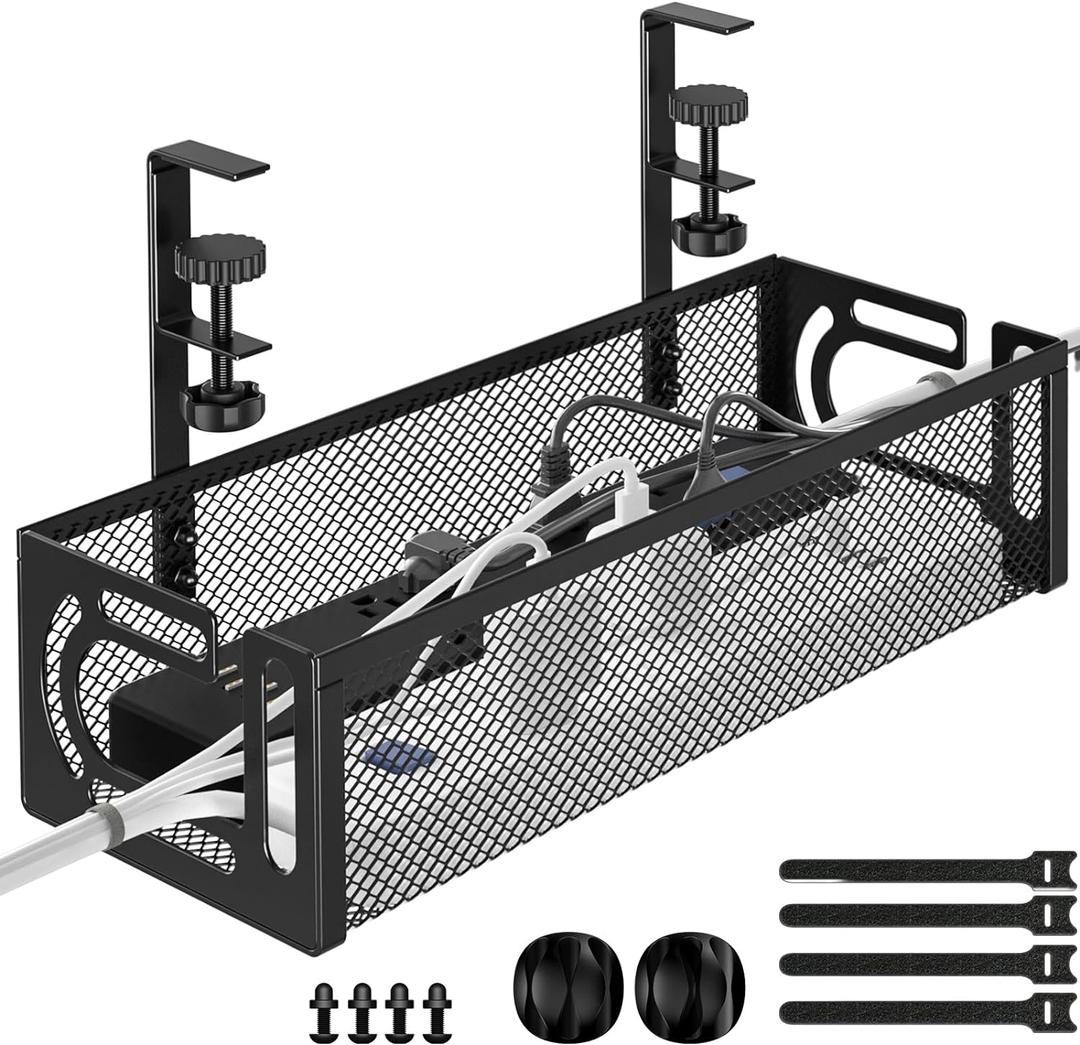 Under Desk Cable Management Tray, Cable Raceway Organizer, Cable Management Box, Cord Organizer, Under Desk Storage for Office Home - No Drill (1 Pack-Black)