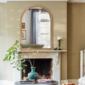Traditional Arch Mirror for Bathroom, 20" x30" Baroque Antique Gold Marlowe Mirrors Beaded Frame, Decorative Accent Vertical Vanity, Wall Decor Over Mantel Fireplace, Sofa, Entryway