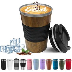 YINBAOGE Insulated Travel Coffee Mug, Spill & Leak Proof, Portable To Go Camping Stainless Steel Coffee Tumbler, Reusable Thermal Coffee Cup with Lid for Hot & Cold Drinks (Wood Grain, 12 OZ)