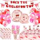 112 Pcs Cherry Party Decorations Tableware, Cherry Birthday Decorations, She's the Cherry on Top Theme Banner, Cherry Party Supplies, Fit 16 Guests for Cherry Themed Party Baby Showers Decorations