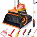 Broom and Dustpan Set with Long Handle, Upright Standing Self-Cleaning Combo, Windproof Dustpan with 6 Bonus Cleaning Tools for Pet Hair, Home, Kitchen, Garage & Apartment
