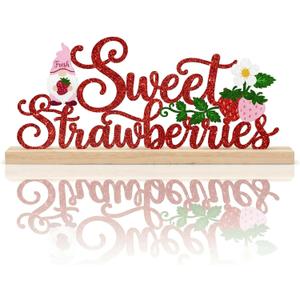 Sweet Strawberries Summer Table Decorations Red Strawberries Metal Table Sign with Wooden Base Cute Summer Tiered Tray Decor Strawberry Tabletop Centerpiece for Kitchen Home Party Centerpieces