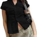 Y2k Girls Vintage Coquette Button Down Shirt Women Short Sleeve V-Neck Slim Fitted T-Shirt Cute Blouse Crop Top Size S