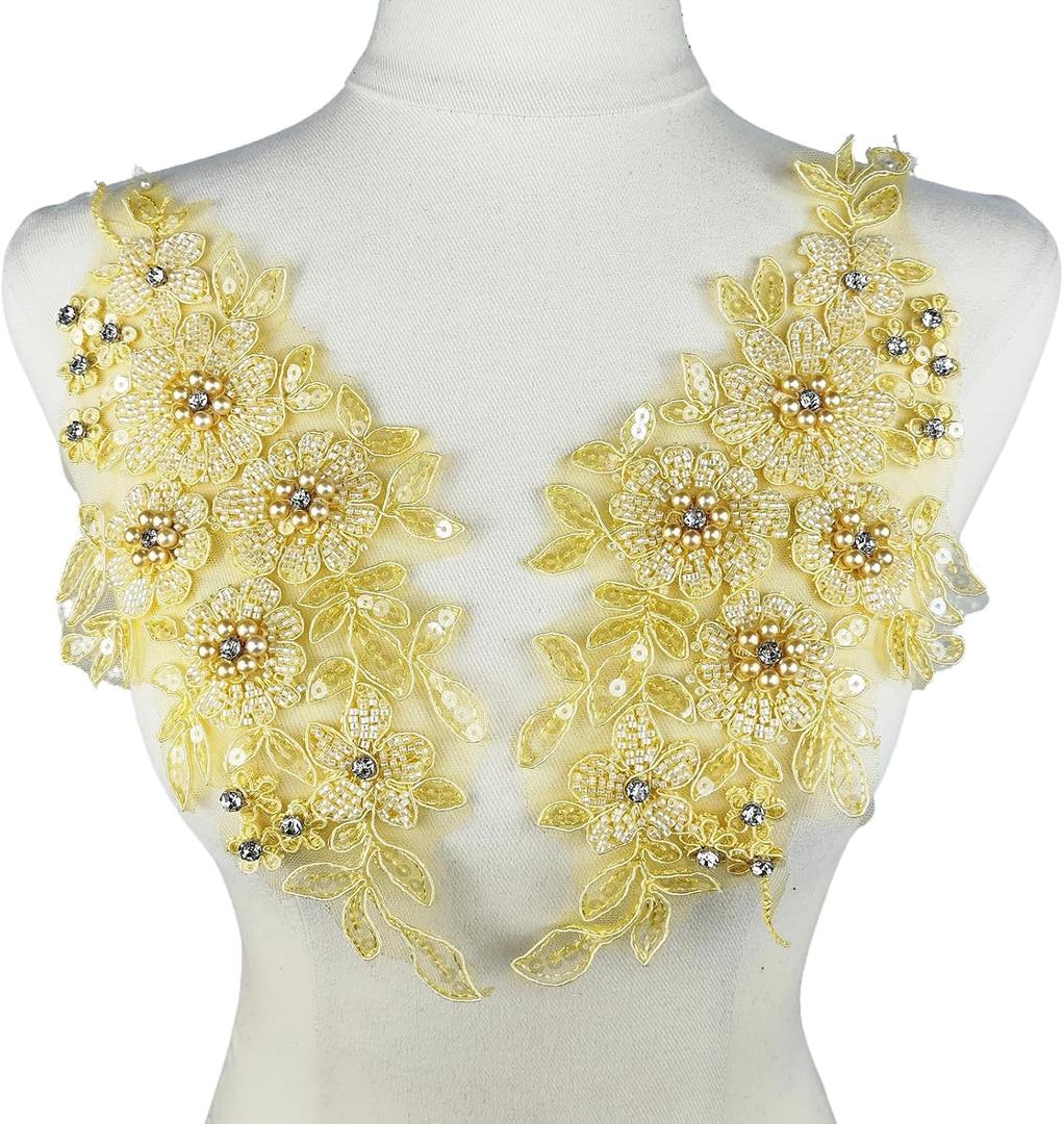 1 Pair 3D Embroidered Lace Sew on Rhinestone Beaded Sequins Flower Patch Applique for Clothing Wedding Dress Applique Decor 12.6 x 6 Inch, Yellow