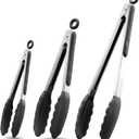 Kitchen Tongs with Silicone Tips,Tongs for Cooking Heat Resistant 600 Degrees Stainless Steel Locking Tongs,Black Set of 3-7", 9" and 12"