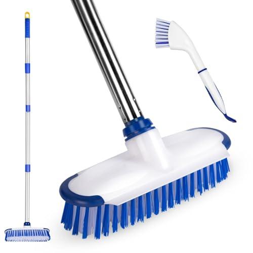 ITTAHO Floor Scrub Brush with Long Handle, 2 in 1 Deck Scrub Brush, Stiff Bristle Scrub Broom & Cleaning Brush for Tile Floor, Deck, Patio, Marble, Garage, Wall, Kitchen, Bathroom