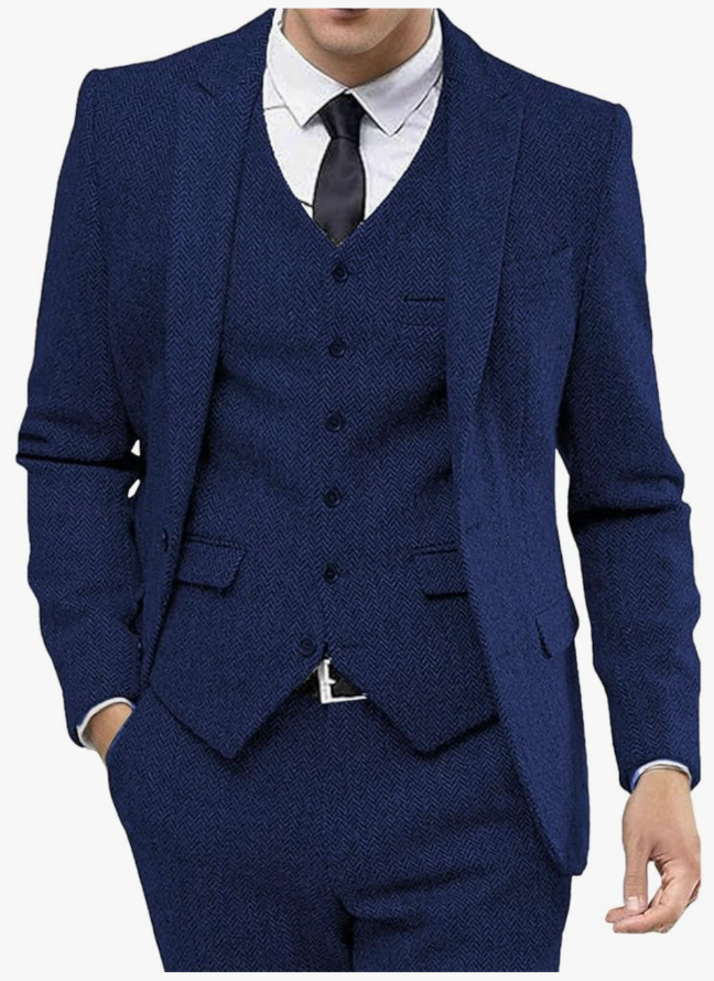 Mens Tweed Herringbone Wedding Suit Formal Tuxedos for Blazer+Pants+Vest Prom Tuxedos 3 Piece Peak Lapel Set XL