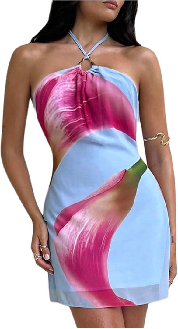 MakeMeChic Women's Floral Halter Backless Cocktail Dress Ring Sleeveless Fall Mini Dresses (Large, Multicolor)