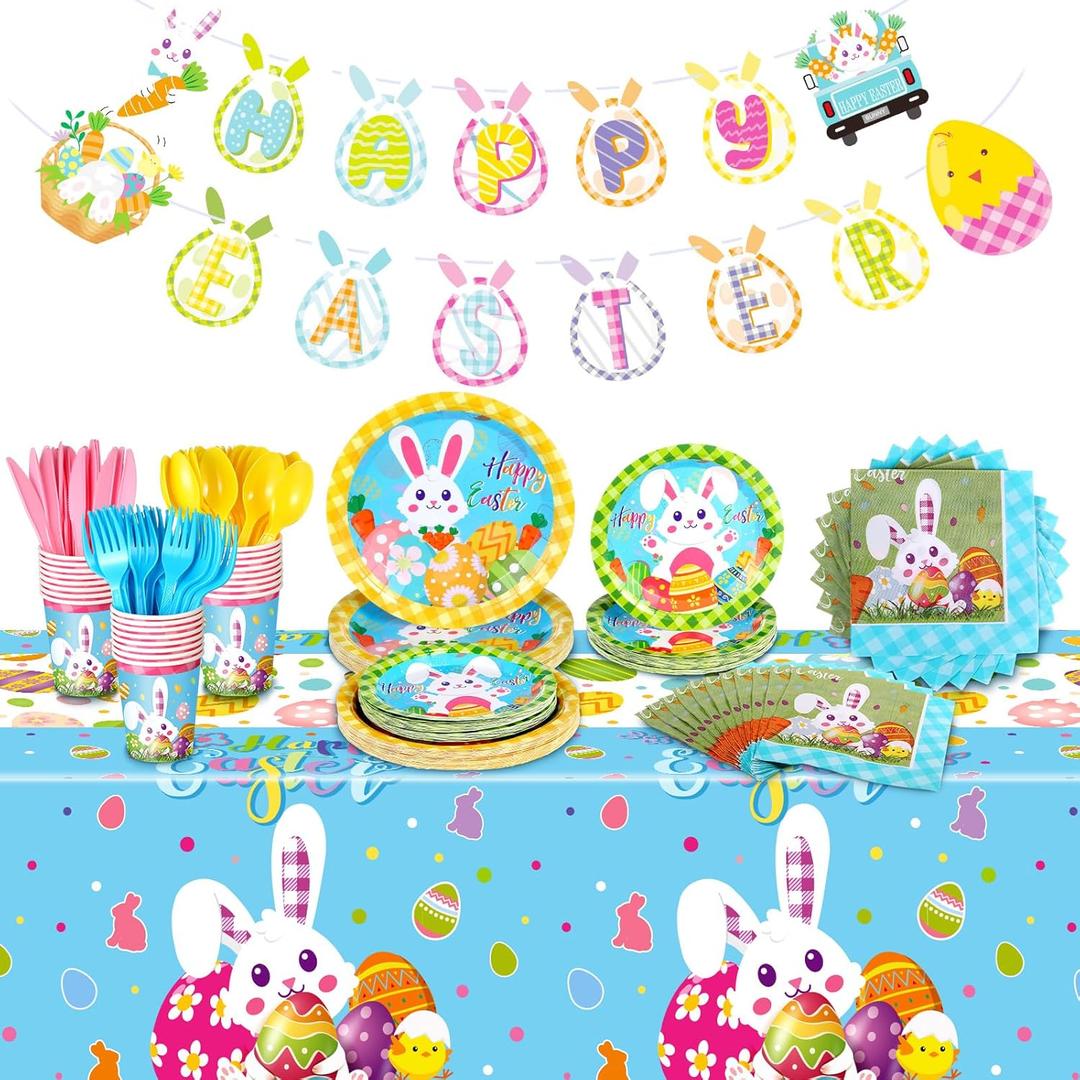 FoldTier 171 Pcs Happy Easter Party Supplies Disposable Easter Tableware Set with Bunny Colorful Eggs Plates Napkins Cups Banner Plastic Tablecloths for Easter Spring Holiday Party Decoration Serve 24