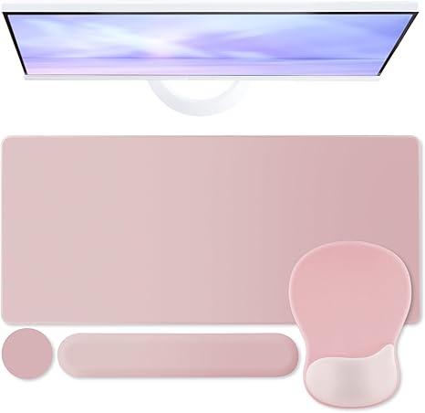 Boutilon Mouse Pad Set,Desk Writing Pad with Wrist Rest, Ergonomic Wrist Support Mouse Pad, Keyboard Wrist Rest, Cup Coaster for Gaming Working Home Office (Pink)