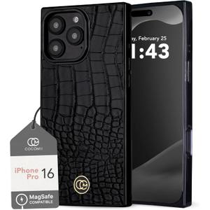 COCOMII Rectangle Case for iPhone 16 Pro, Compatible with MagSafe, Black Crocodile Leather
