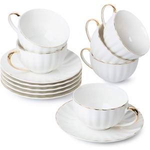 BTaT- Cappuccino Cups with Saucers 7 oz, Set of 6, White Porcelain Coffee Cup and Saucer Set for Latte with Golden Trim Design, Dishwasher Safe, Mocha, Tea, Au Lait, Flat White