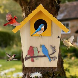 Wooden Bird Houses Bird House for Outside,Yellow Wood Bird House for Outdoors, 1.5" Entrance Hole Bird Houses for Garden Blue Bird Hummingbird Wren Cardinal Swallow Sparrow Finch