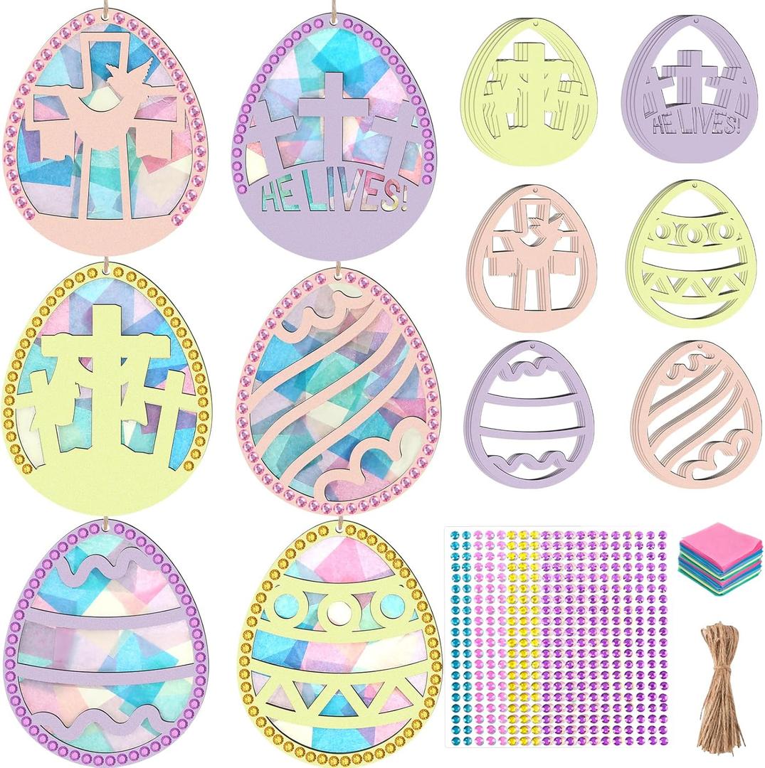 24 Sets Easter Eggs Suncatchers Craft, DIY Religious Easter Wooden Egg Hanging Decorations Kit for Christian Sunday School Activities Project Spring Classroom Party Favors Supplies