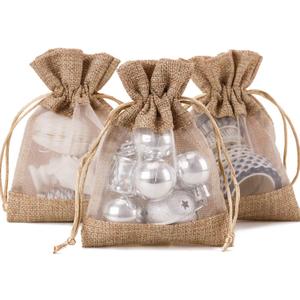 WRAPAHOLIC 5x7 inch 50 pcs Burlap Drawstring Gift Bag - Burlap with One Side Organza Wedding Party Welcome Favor Bags - Tan (1 Count (Pack of 50))