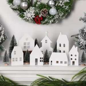 Amyhill 16 Pcs White Christmas Village Set with Cedar Pine Decor Wooden House Blocks Christmas Town Village Decor for Tiered Tray Decoration Fireplace Mantel Holiday Window Table Centerpieces