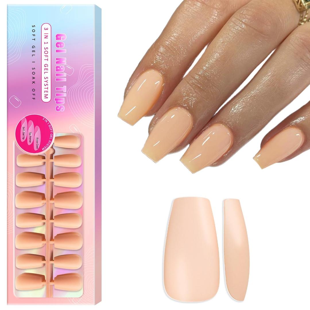 SXVME Gel Nail Tips Coffin Medium Short,Nude Press on Nails Medium Pre-Colored Natural Nail Tips,Soft Acrylic Nails with Primer Cover,Fake Nails 15 Sizes for DIY Nail Art