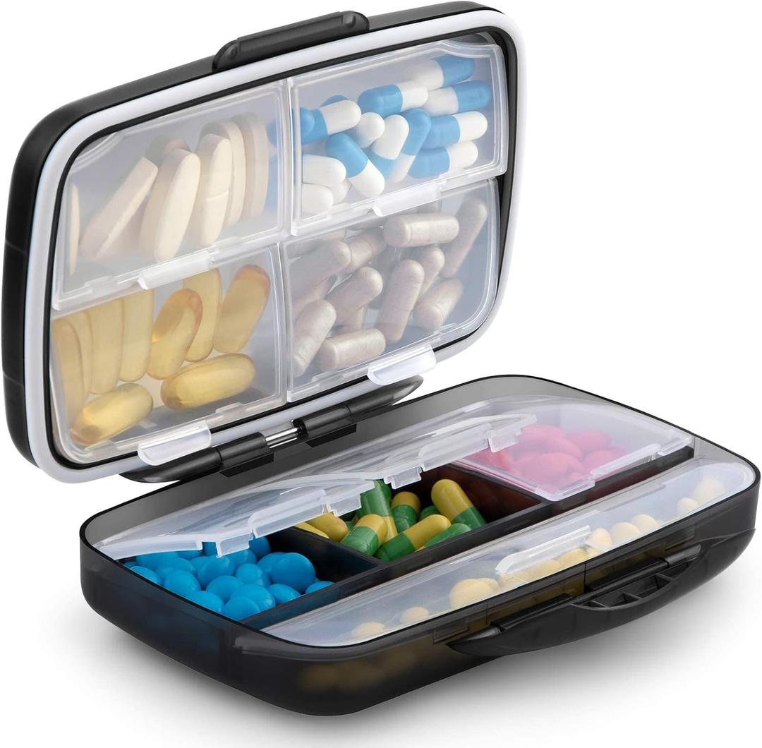 Travel Pill Organizer Large Portable Medication Fullicon Oversize 8 Compartment Pill Box, Vitamin Travel Case Pill Holder - Airtight & Moisture proof (Black)
