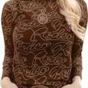 Urchics Womens Mock Neck Mesh Tops Western T Shirts Long Sleeve Layering Tops See Through Trendy Outfits Going Out Tops (X-Large, Rodeo-brown)