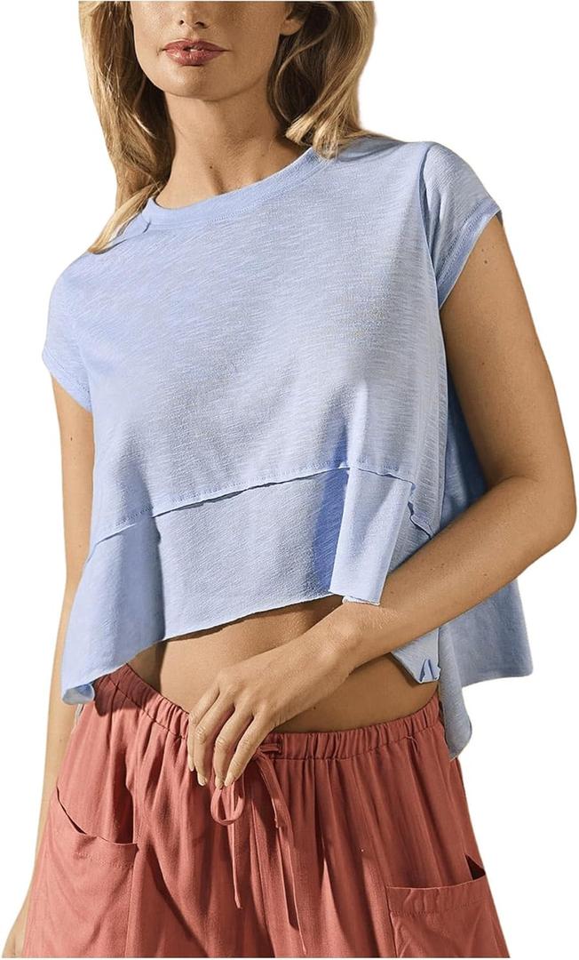 SOLY HUX Women's Athletic Shirts Crew Neck Cap Sleeve Crop Tops Workout Outdoor T-Shirt Summer Outfits (Medium)