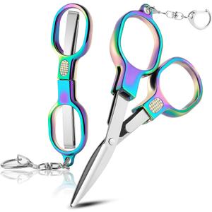 2 Pcs Folding Stainless Steel Portable Mini Travel Scissors, Safety Foldable Pocket Badge Small Scissors All Purpose with 2 Keychain for Travel, Home, Office, Craft, Sewing, Nurse Accessories (Color)