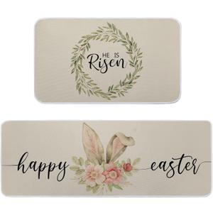 Riakrum 2 Pcs Easter Kitchen Rug Easter Kitchen Mat Set Cute Bunny Rabbit Ears Rug Doormat He is Risen Spring Floral Mat Non Slip for Indoor Outdoor Entrance Floor 17 x 29 and 17 x 47 Inch