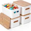 Citylife Storage Bins with Bamboo Lids 7QT Plastic Storage Containers Stackable Organizer Boxes with Handle for Desk Snacks, Toys, 4 PCS, 10" L x 7" W x 5.8" H