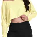 Womens Off Shoulder Long Sleeve T Shirt Boat Neck Loose Crop Tops Casual Oversized Workout Shirts (Small)