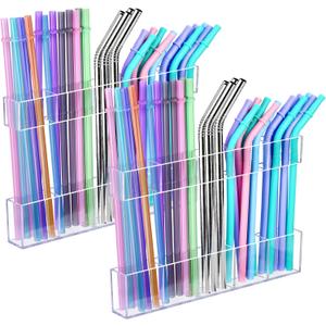 2Pack 9.5" Large Acrylic Straw Holder for Cabinet Door Kitchen Cabinets Straws Organizer, Reusable Tumbler, Small Kitchens Accessories Storage Container (Transparent), 9.50x 3.07x1.18 inch