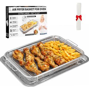 18.7" X 12.8" Extra Large Air Fryer Basket for Oven, Oven Air Fryer Basket and Tray Set With 30PCS Parchment Papers, Stainless Steel Air Fryer Pan and Crisper Tray for Frying Baking
