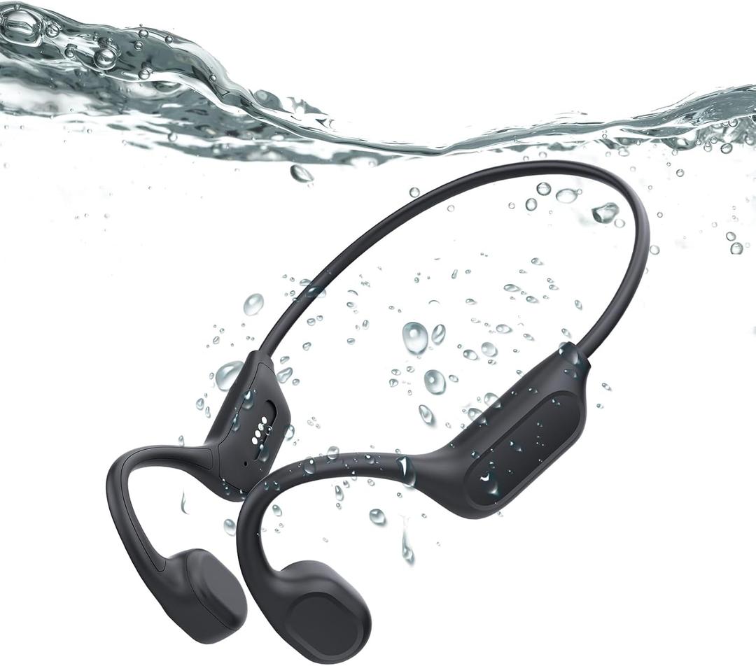Swimming Headphones-Bone Conduction Headphones, IP68 Waterproof Built-in MP3 Player 32G Memory, Underwater Swimming Bluetooth V6.0 Headset, Wireless Open Earphones, for Running, Cycling (Black)
