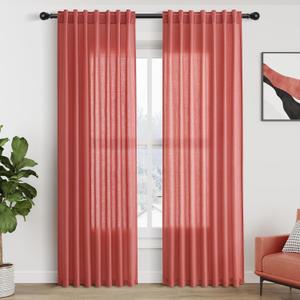 Watermelon Red Linen Blend Drapes 84 Inch Length 2 Panels Set Back Tab Rod Pocket Light Filtering Privacy Semi Sheer Textured Curtains Neutral Farmhouse Decor Curtain for Living Room Bedroom 52x84