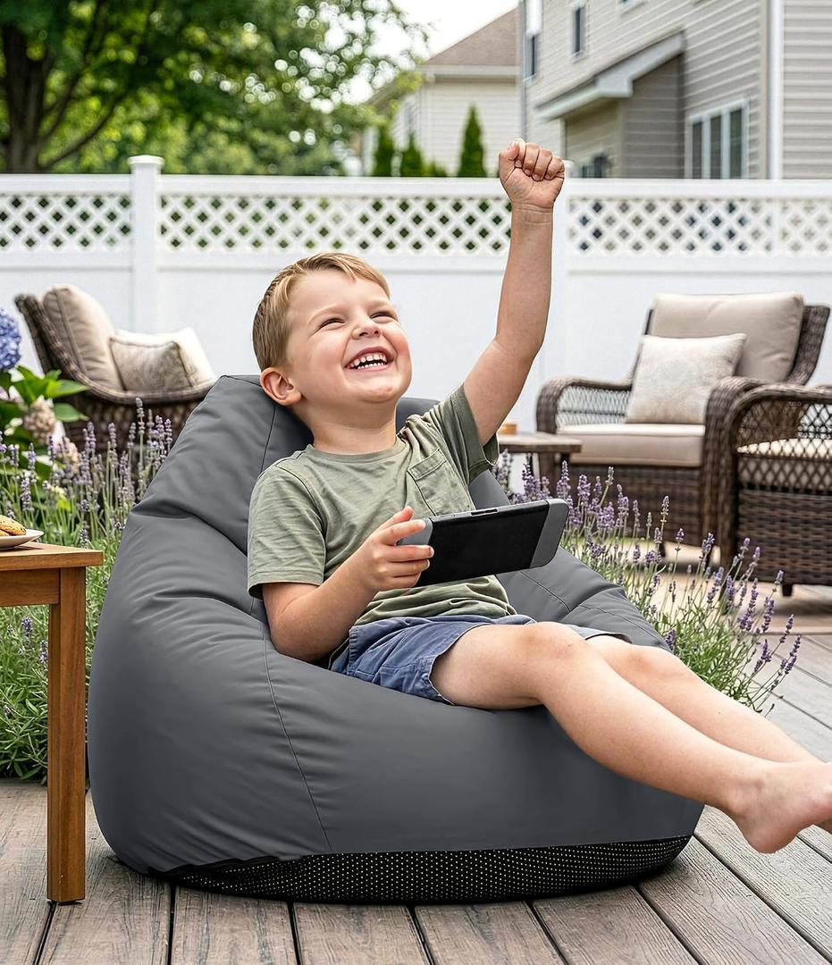 Outdoor Kids Bean Bag Chair - Small Beanbag Sofa with Shredded Foam Filling, Splash-Proof Detachable Zipper Cover with a Handle for Patio Poolside Relaxing, Gray, 2.5 Ft
