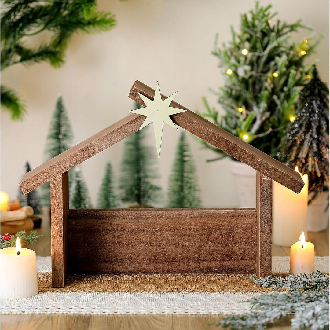 Wesiti Christmas Wooden Nativity Manger Wood Nativity Scene with Roof Star 14.5 x 10.5'' for Inside 7 Inch Scale Holy Family Wooden Stable Creche Home Desk Decor (Without Figurines)