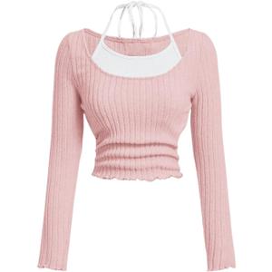 SOLY HUX Girl's Cute Long Sleeve Crop Tops Preppy T Shirts Casual Halter Tops Cute Clothes for Girls Size 8-12 (Pink)