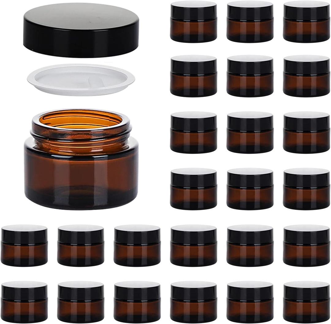 1oz Glass Jar with Lid, Hoa Kinh 30Pack Amber Round Containers Cosmetic Glass Jars with Inner Liners and Black Lids Travel Jars for Storing Lip and Body Scrub, Lotion, Body Butter, Bath Salts, Liquid