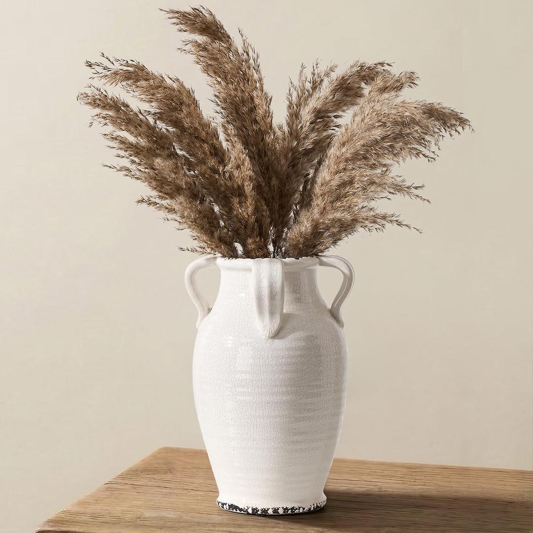 White Ceramic Vase with 4 Handles, 10.16" Tall Retro Ice Cracked Flower Vase, Antique Vases for Modern Farmhouse Home Decor, Wedding, Living Room, Table, Shelf Decor, Cracked White