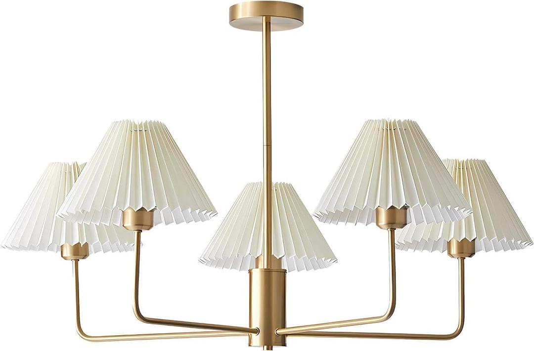 KCO Lighting 5-Lights White Pleated Fabric Pendant Light Mid Century Modern Brushed Gold Sputnik Chandelier Traditional Dining Living Room Chandelier Above Dining Table