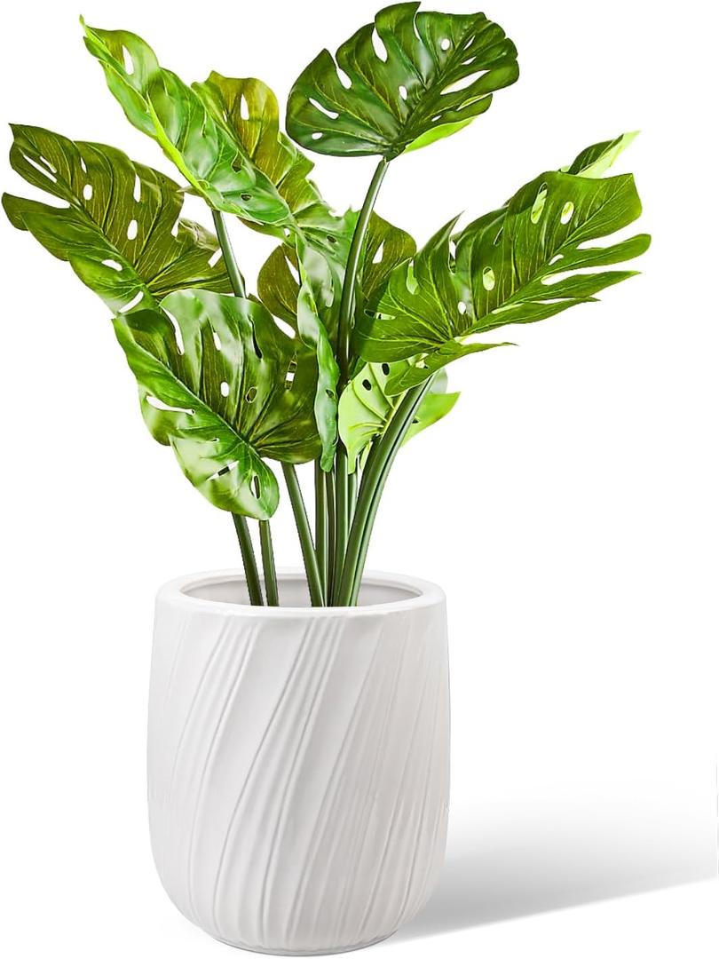 KERUITA 12.5 Inch Height White Ceramic Flower Pot with Wavy Pattern, Drainage Hole, Mesh Pad & Stopper  Large Decorative Indoor Planter for Modern Home Office  No Tray