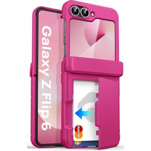 ASAFCASE for Samsung Galaxy Z Flip 6 and Z Flip 7 FE Case Wallet with Card Holder (3 Cards) & Outer Screen Protector & Hinge Protection, Shockproof Rugged & Full Body Protective Phone Cover, Hot Pink