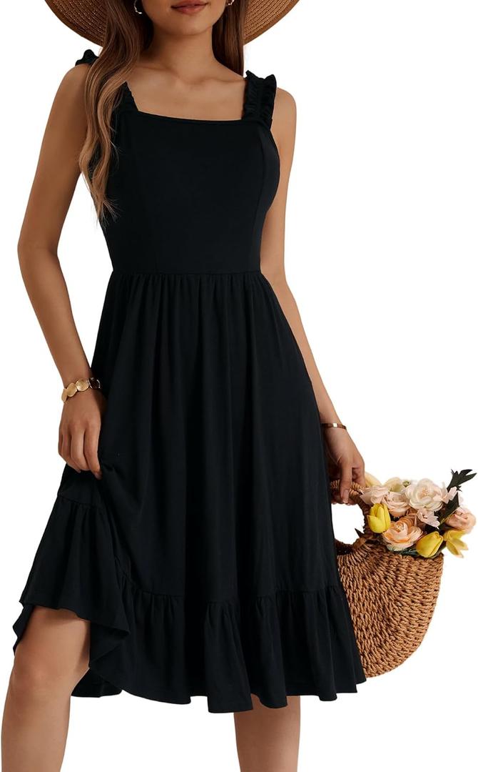 ZABERRY Womens Summer Midi Dress 2025 Elastic Straps Square Neck Cute Floral Flowy A-line Sundresses for Women, Large
