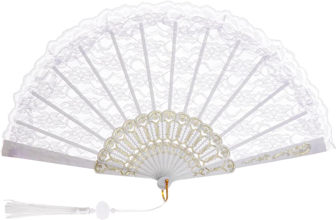 Jmkcoz Lace Handheld Folding Fan Embroidered Flower Bridal Hand Fan Chinese Japanese Vintage Fan for 1920s Costume Wedding Dancing Tea Party (1, White)