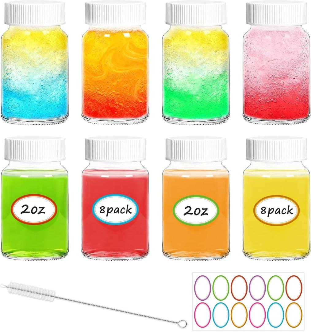 Haneye 8 Pack 2 oz Glass Shot Bottles with Caps - Reusable Wide Mouth Ginger Shots Bottles for Juice, Wellness,Spices, Essential Oil & Travel, Leakproof & Dishwasher Safe with 12 Labels and 1 Brush