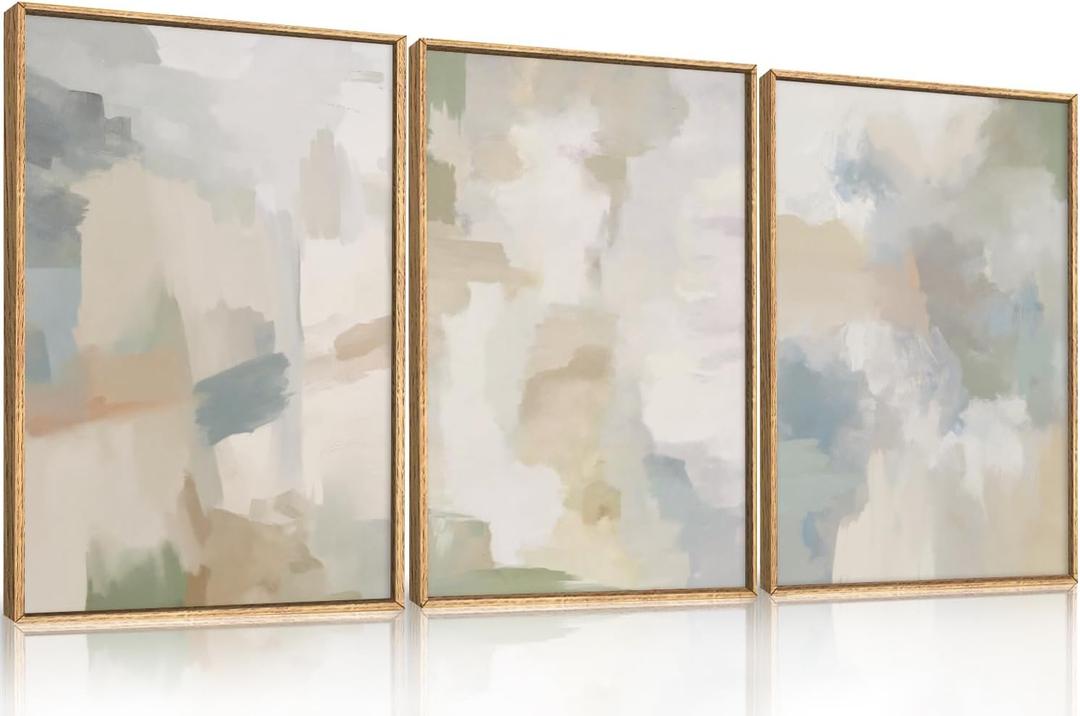 Large Abstract Gray Pastel Framed Canvas Wall Art Set,Neutral Watercolor Brush Stroke Wall Decor,Modern Minimalist Beige Illustration Artwork for Living Room,Bedroom,Dining Room - 16"x24"x3