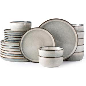 GBHOME Ceramic Dinnerware Sets for 8, 24 Pieces Stoneware Plates and Bowls Sets, Scratch Resistant Dishes, Dishwasher & Microwave Safe, Reactive Glaze-Green Wheat