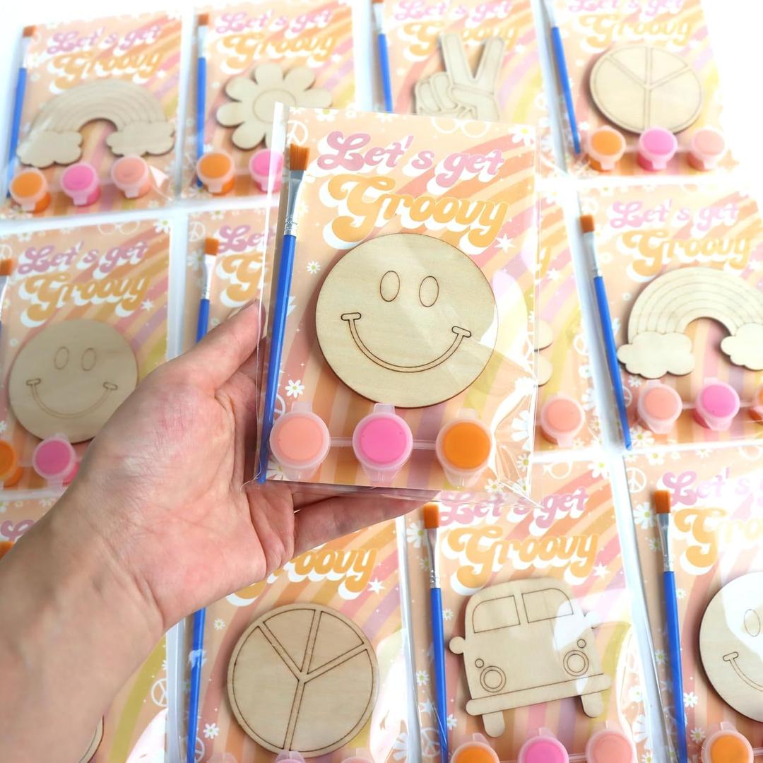 BOIKOKY 12 Pack Pre-Packaged Groovy Party Favors, Wooden Retro Cutouts with Magnets & Painting Kits for Kids, 70s Theme Birthday Decorations & Thank You Gifts for Guests