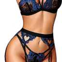 RSLOVE Women Lingerie Sets with Garter Belt 3 Piece Lace Teddy Babydoll Bodysuit Blue, M