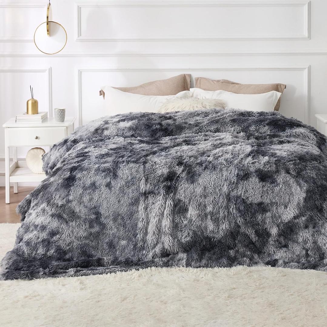 Bedsure Fluffy Tie Dye Grey Blankets Queen Size for Bed, Thick Sherpa Faux Fur Fleece Fuzzy Plush Winter Warm Soft Full Queen Blankets, Bedroom Decor Grey Gifts Cozy Gifts for Women Men, 90x90